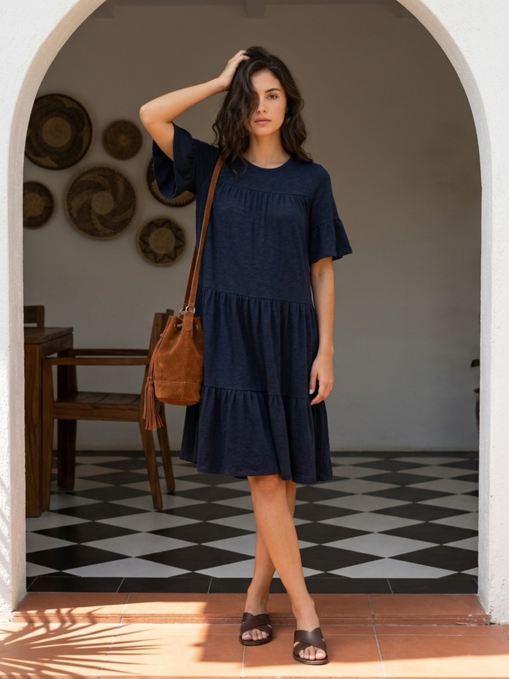 Industry Republic Navy Blue Tiered Midi Dress Ruffle Short Sleeve Womens Medium